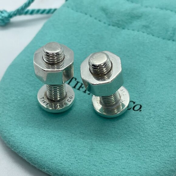 Tiffany & Co Silver Nut Bolt Cufflinks Cuff Link Links w/ Pouch - Picture 9 of 14